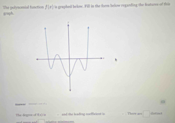 The polynomial function f(x) is graphed below. Fill in the form below regarding the features of this 
graph. 
Answer anmapt s and of a 
The degree of f(x) is and the leading coefficient is . There are V distinct 
r tive minimum