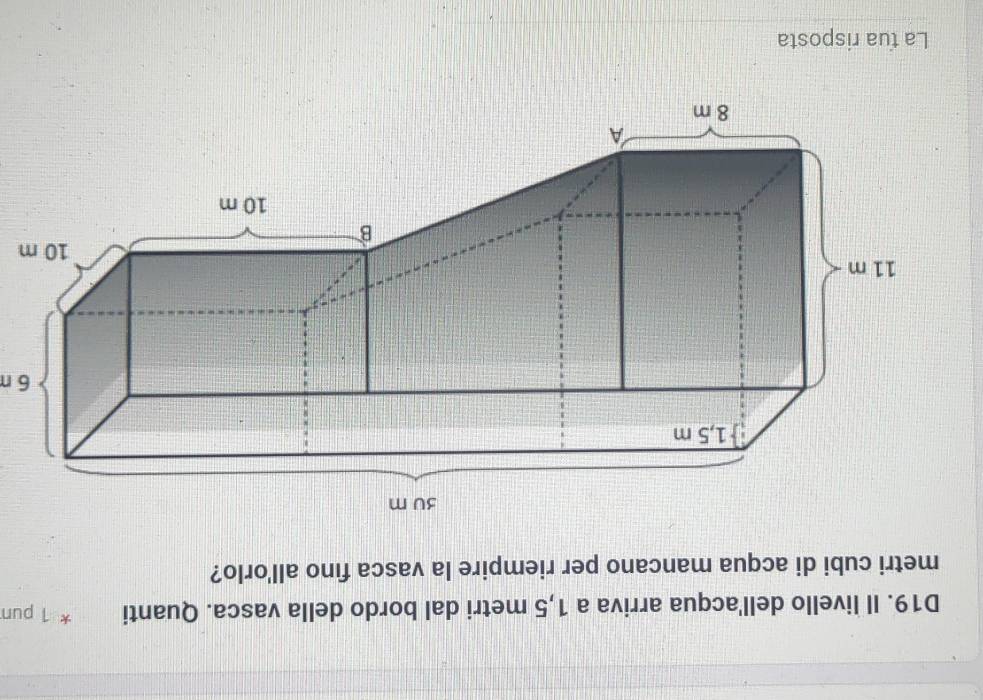 D19. Il livello dell'acqua arriva a 1,5 metri dal bordo della vasca. Quanti * 1 pun 
metri cubi di acqua mancano per riempire la vasca fino all'orlo? 
La tua risposta