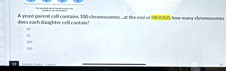 Four genstically distinct haptold daughter setle (middle teo ars recombinants)
A yeast parent cell contains 100 chromosomes...at the end of MEIOSIS how many chromosomes
does each daughter cell contain?
50
25
100
200
13 Multiple Choice 5 points