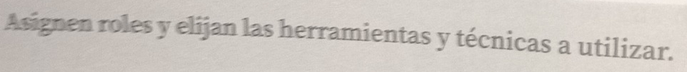Asignen roles y elijan las herramientas y técnicas a utilizar.