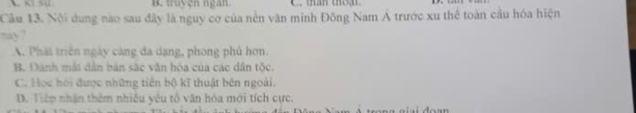 B. truyện ngắn C. tham thờậ
Câu 13. Nội dung nào sau đây là nguy cơ của nền văn minh Đông Nam Á trước xu thể toàn cầu hóa hiện
may ?
A. Phát triên ngày càng đa dạng, phong phủ hơn.
B. Danh mắt dân bản sắc văn hóa của các dân tộc.
C. Học hội được những tiền bộ kĩ thuật bên ngoài.
D. Tiếp nhận thêm nhiêu yêu tổ văn hóa mới tích cực.
α giai đo ạn