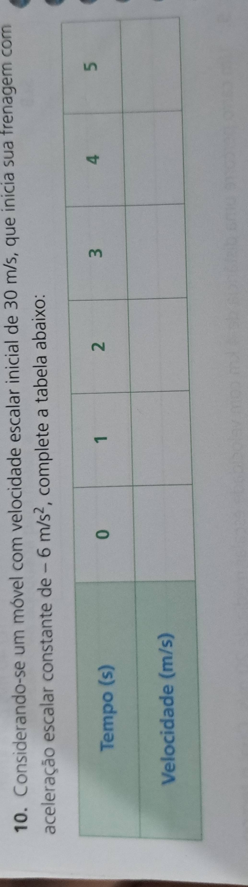 Considerando-se um móvel com velocidade escalar inicial de 30 m/s, que inicia sua frenagem com 
aceleração escalar constante de -6m/s^2 , complete a tabela abaixo: