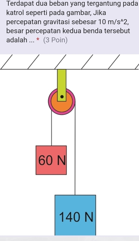 Terdapat dua beban yang tergantung pada
katrol seperti pada gambar, Jika
percepatan gravitasi sebesar 10m/s^(wedge)2, 
besar percepatan kedua benda tersebut
adalah ... * (3 Poin)
60 N
140 N