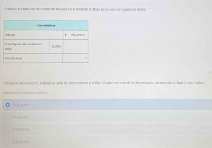 Elabora una tabla de depreciación basada en el método de línea recta con los siguientes datos:
Calcula la depreciación, elabora la tabla de depreciación y señala el valor correcto de la depreciación acumulada al final de los 5 años
Seleccione la respuesta correcta:
$230,143.53
$231,153.53
5230,153.53
$230,103.58