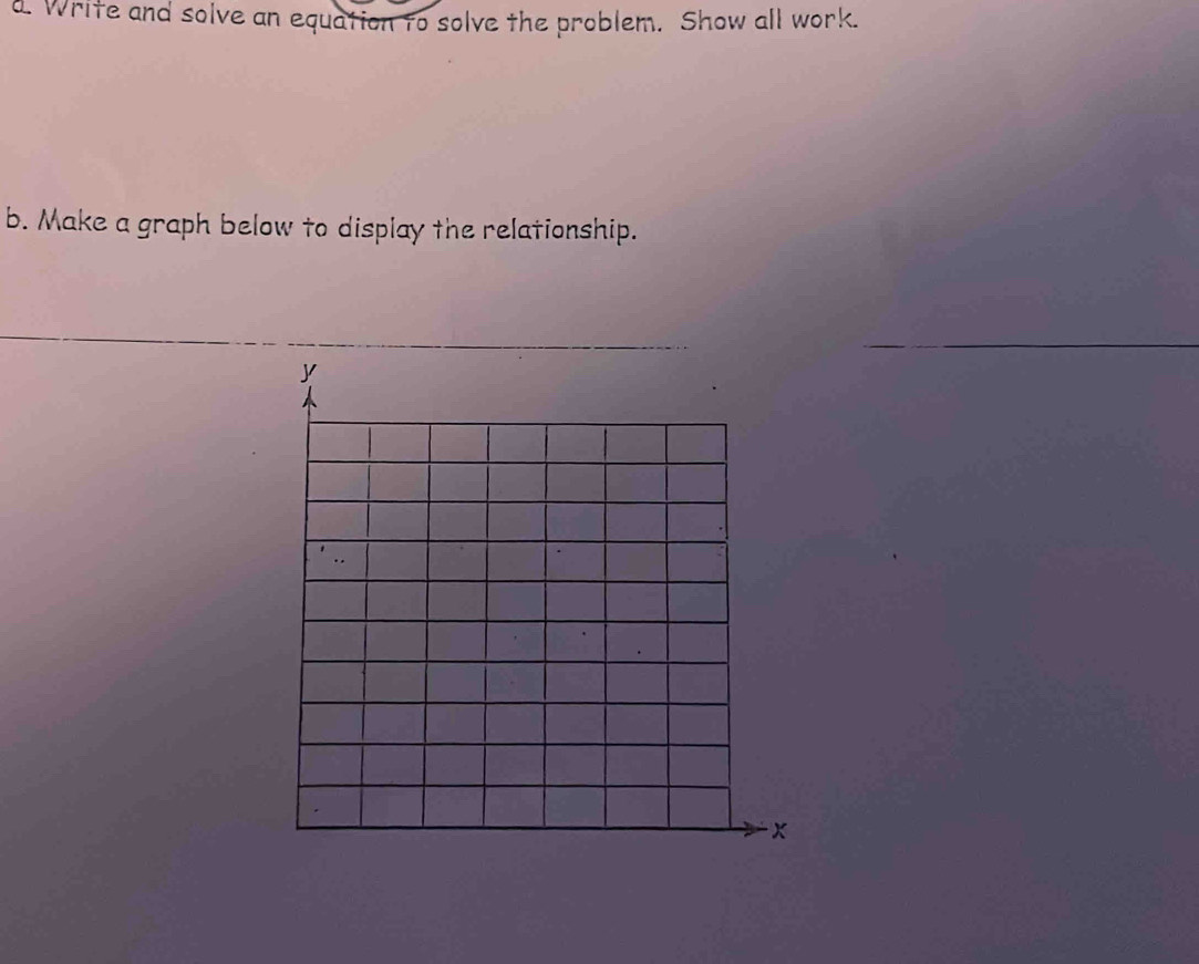 Write and solve an equation to solve the problem. Show all work. 
b. Make a graph below to display the relationship. 
_ 
_