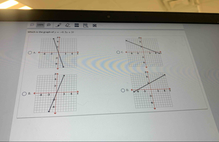 100% 
Which is the graph of y=-0.5x+3
A 
C 
D. 
B