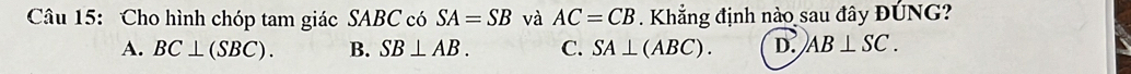 Cho hình chóp tam giác SABC có SA=SB và AC=CB Khẳng định nào sau đây ĐÚNG?
A. BC⊥ (SBC). B. SB⊥ AB. C. SA⊥ (ABC). D. AB⊥ SC.