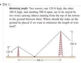 Minimizing Length Two towers, one 120 ft high, the other
300 ft high, and standing 500 ft apart, are to be stayed by 
two wires (among others) running from the top of the towers 
to the ground between them. Where should the stake on the 
ground be placed if we want to minimize the length of wire 
used?