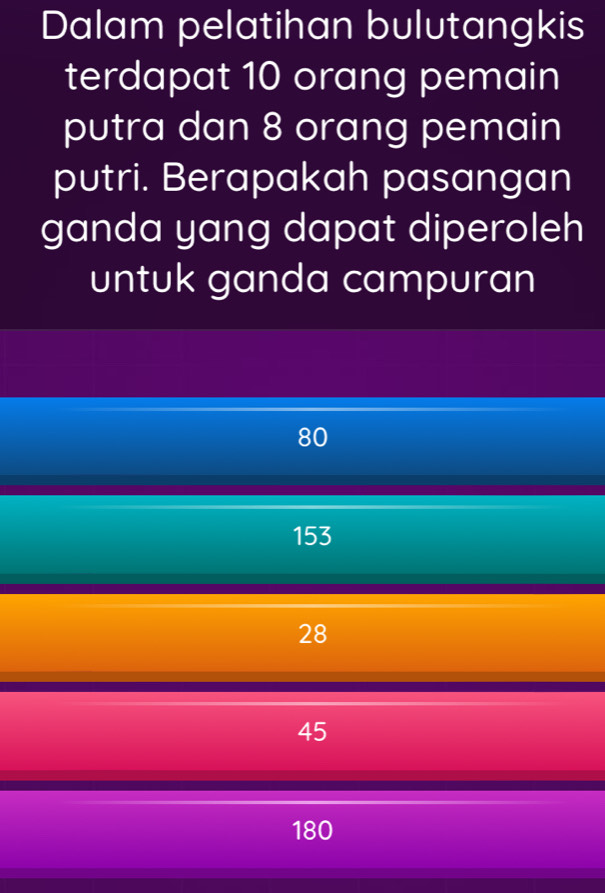 Dalam pelatihan bulutangkis
terdapat 10 orang pemain
putra dan 8 orang pemain
putri. Berapakah pasangan
ganda yang dapat diperoleh
untuk ganda campuran
80
153
28
45
180