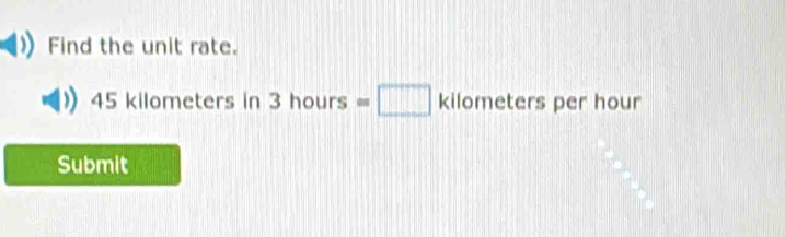 Find the unit rate. 
( 15 kilometers in 3hours=□ kilometers per hour
Submit