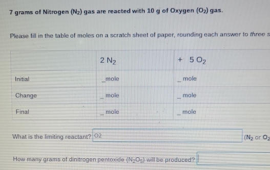 grams of Nitrogen (N_2) gas are reacted with 10 g of Oxygen (O_2) gas.
Please fill in the table of moles on a scratch sheet of paper, rounding each answer to three s
What is the limiting reactant? O2 □ (N_2 or O_2
How many grams of dinitrogen pentoxide (N_2O_5) will be produced? □