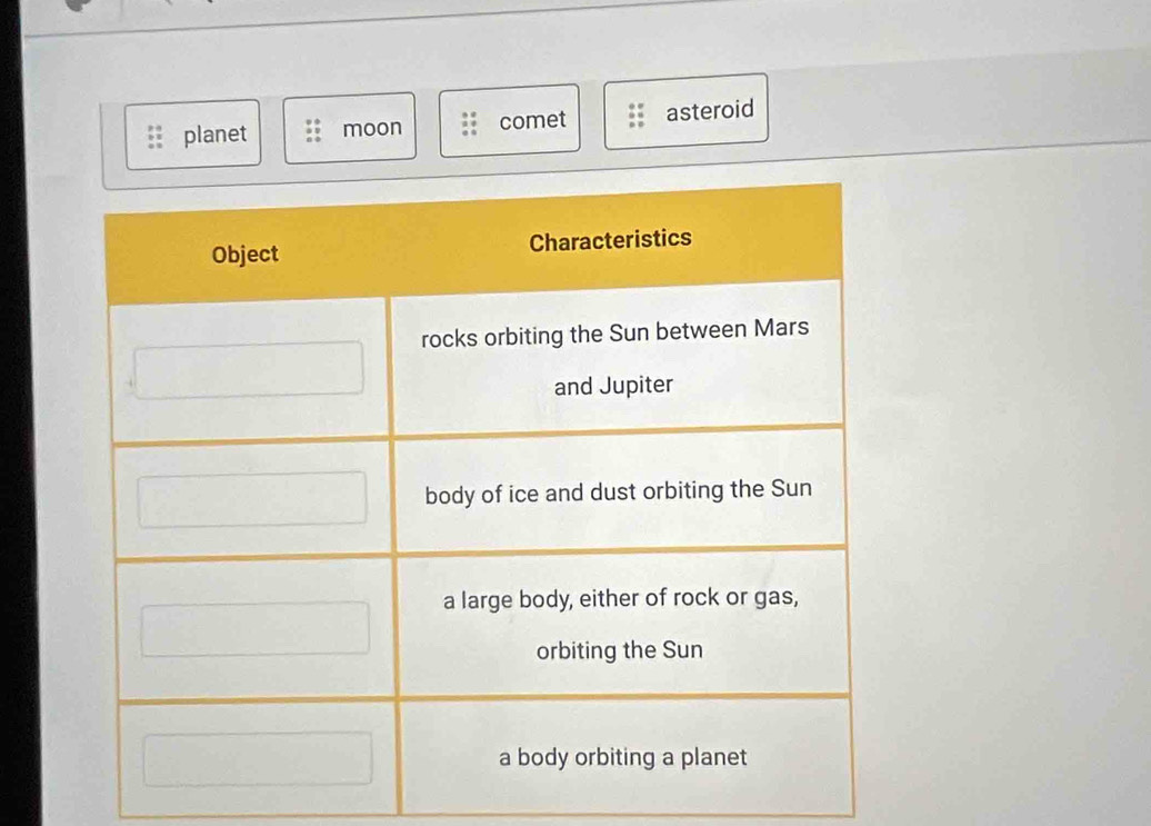 planet moon comet asteroid