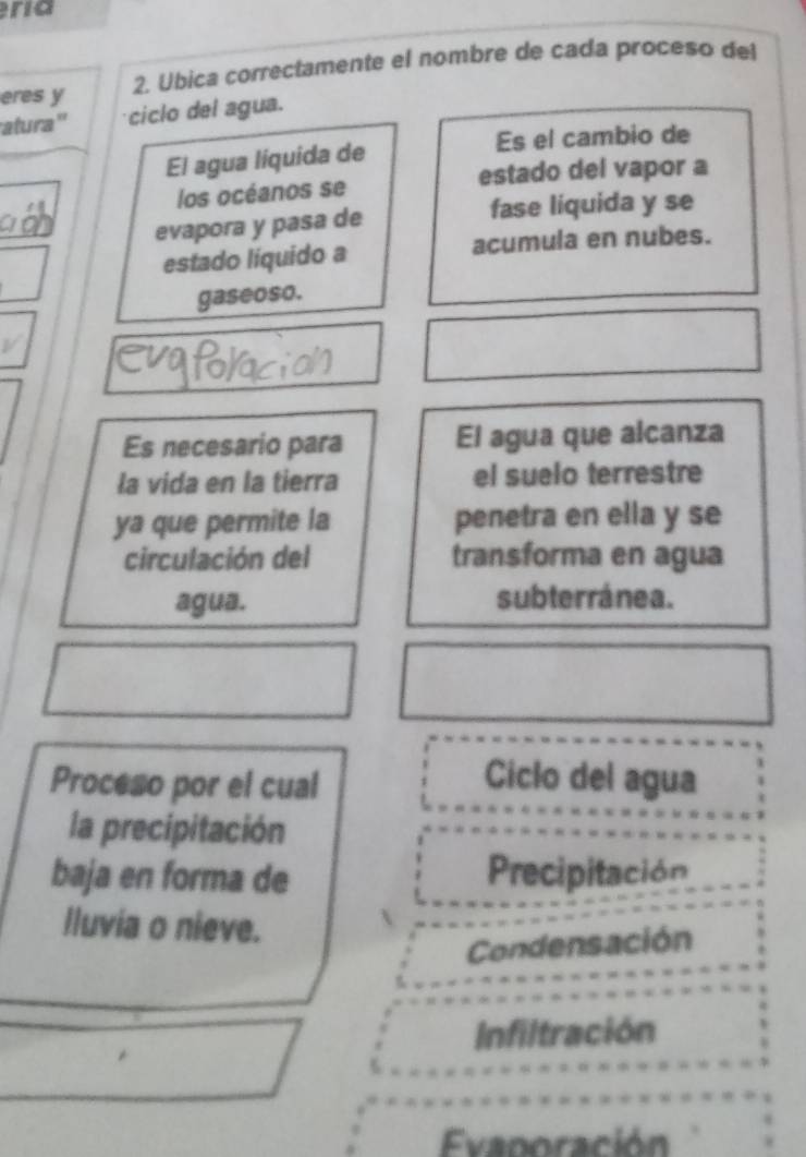 ria
eres y 2. Ubica correctamente el nombre de cada proceso del
atura'' ciclo del agua.
El agua liquida de Es el cambio de
los océanos se estado del vapor a
evapora y pasa de fase liquida y se
estado líquido a acumula en nubes.
gaseoso.
Es necesario para El agua que alcanza
la vida en la tierra el suelo terrestre
ya que permite la penetra en ella y se
circulación del transforma en agua
agua. subterránea.
Proceso por el cual
Ciclo del agua
la precipitación
baja en forma de Precipitación
lluvia o nieve.
Condensación
Infiltración
Evaporación