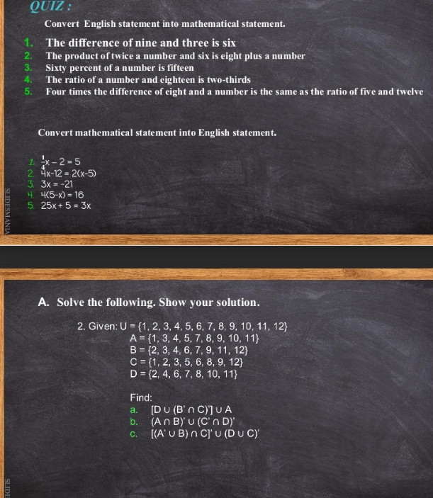 QUIZ : 
Convert English statement into mathematical statement. 
1. The difference of nine and three is six 
2. The product of twice a number and six is eight plus a number 
3. Sixty percent of a number is fifteen 
4. The ratio of a number and eighteen is two-thirds 
5. Four times the difference of eight and a number is the same as the ratio of five and twelve 
Convert mathematical statement into English statement. 
1.  1/4 x-2=5
2 4x-12=2(x-5)
3. 3x=-21
4. 4(5-x)=16
5. 25x+5=3x
A. Solve the following. Show your solution. 
2. Given: U= 1,2,3,4,5,6,7,8,9,10,11,12
A= 1,3,4,5,7,8,9,10,11
B= 2,3,4,6,7,9,11,12
C= 1,2,3,5,6,8,9,12
D= 2,4,6,7,8,10,11
Find: 
a. [D∪ (B'∩ C)']∪ A
b. (A∩ B)'∪ (C'∩ D)'
C. [(A'∪ B)∩ C]'∪ (D∪ C)'
,