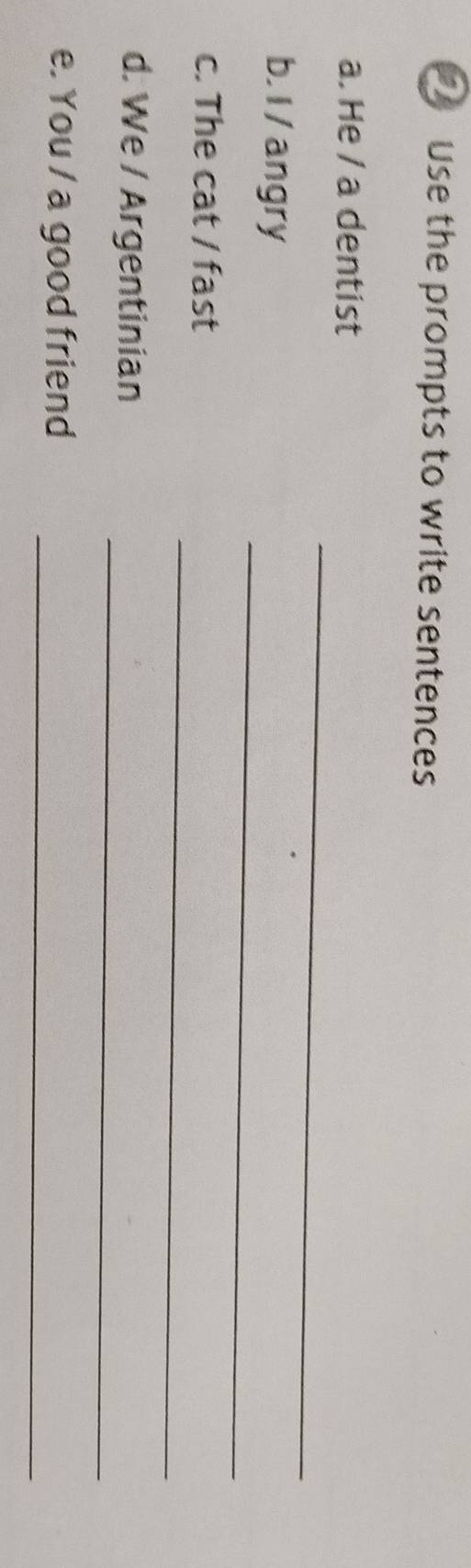 Use the prompts to write sentences 
_ 
a. He / a dentist 
_ 
b.I / angry 
_ 
c. The cat / fast 
_ 
d. We / Argentinian 
_ 
e. You / a good friend