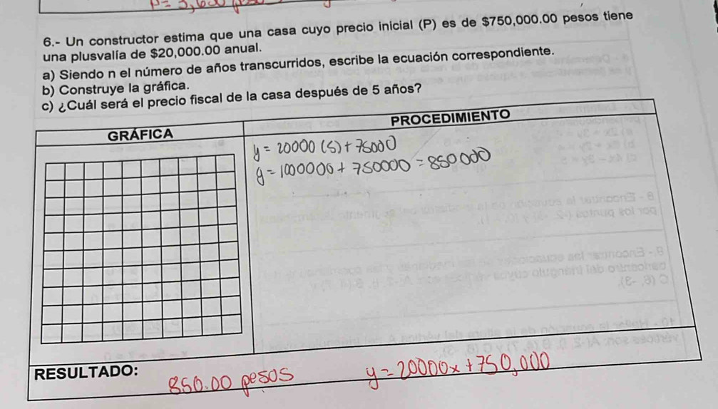 6.- Un constructor estima que una casa cuyo precio inicial (P) es de $750,000.00 pesos tiene 
una plusvalía de $20,000.00 anual. 
a) Siendo n el número de años transcurridos, escribe la ecuación correspondiente. 
b) Construye la gráfica. 
espués de 5 años?