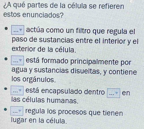 ¿A qué partes de la célula se refieren
estos enunciados?... ▼ actúa como un filtro que regula el
paso de sustancias entre el interior y el
exterior de la célula.
_
está formado principalmente por
agua y sustancias disueltas, y contiene
los orgánulos.
… , está encapsulado dentro _en
las células humanas.
regula los procesos que tienen
lugar en la célula.