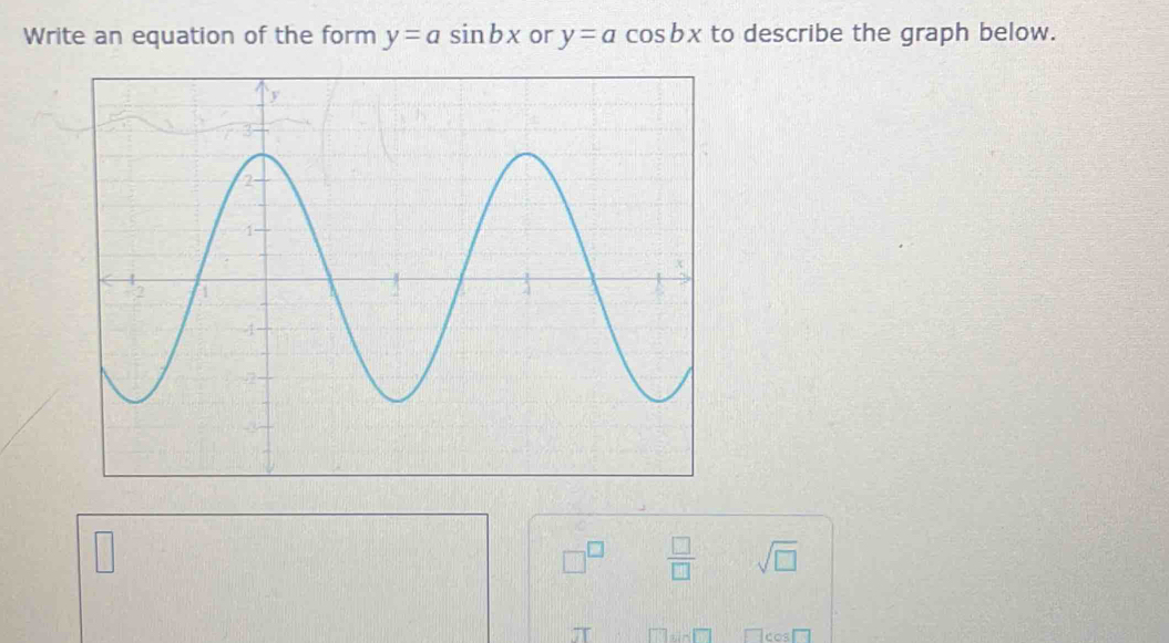 Write an equation of the form y=asin bx or y=acos bx to describe the graph below. 
 □ /□   sqrt(□ ) 
cos□