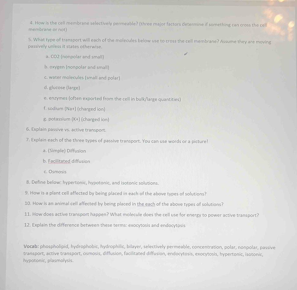 How is the cell membrane selectively permeable? (three major factors determine if something can cross the cell 
membrane or not) 
5. What type of transport will each of the molecules below use to cross the cell membrane? Assume they are moving 
passively unless it states otherwise. 
a. CO2 (nonpolar and small) 
b. oxygen (nonpolar and small) 
c. water molecules (small and polar) 
d. glucose (large) 
e. enzymes (often exported from the cell in bulk/large quantities) 
f, sodium (Na+) (charged ion) 
g. potassium (K+) (charged ion) 
6. Explain passive vs. active transport. 
7. Explain each of the three types of passive transport. You can use words or a picture! 
a. (Simple) Diffusion 
b. Facilitated diffusion 
c. Osmosis 
8. Define below: hypertonic, hypotonic, and isotonic solutions. 
9. How is a plant cell affected by being placed in each of the above types of solutions? 
10. How is an animal cell affected by being placed in the each of the above types of solutions? 
11. How does active transport happen? What molecule does the cell use for energy to power active transport? 
12. Explain the difference between these terms: exocytosis and endocytosis 
Vocab: phospholipid, hydrophobic, hydrophilic, bilayer, selectively permeable, concentration, polar, nonpolar, passive 
transport, active transport, osmosis, diffusion, facilitated diffusion, endocytosis, exocytosis, hypertonic, isotonic, 
hypotonic, plasmolysis.