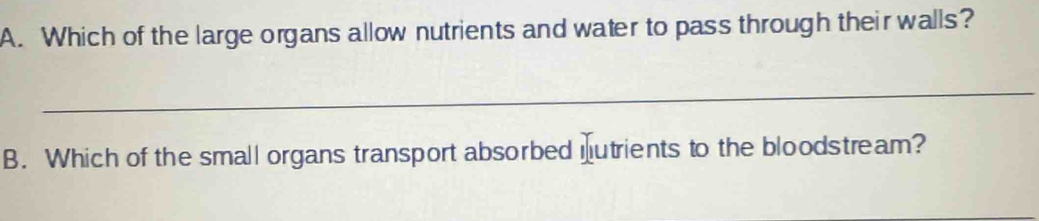 Which of the large organs allow nutrients and water to pass through their walls? 
_ 
B. Which of the small organs transport absorbed utrients to the bloodstream?