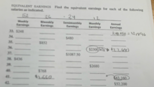 EQUALENT EARNINGS Find the equivalent earnings for each of the following 
salaries as indicated. 
_ 
_ 
_ 
Meekity Biweekly Semimonthly Monthly Annual_ 
tarnings Earnings Earnings Earnings Earnings 
_ 
_ 
_ 
3B. $248
_ 
_ 
_ 
34. __ $480
_ 
_ 
_ 
8B. _ $852
_ 
36. ___ $2300
3,_ 
_ $1087.50 _ 
_ 
_ 
_ 
_ 
38. $436
_ 
_ 
_ 
30_ 
_ $2680
_ 
_ 
_ 
(0). _ $768
_%_ __ $43,160
62_ 
_ 
_ 
_ $52,200