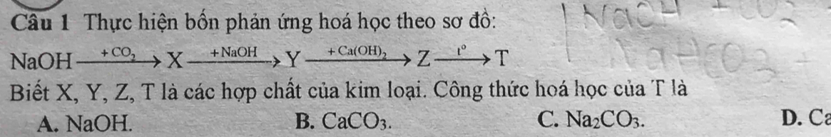 Thực hiện bốn phản ứng hoá học theo sơ đồ:
NaOH xrightarrow +CO_2Xxrightarrow +NaOHYxrightarrow +Ca(OH)_2Zto T
Biết X, Y, Z, T là các hợp chất của kim loại. Công thức hoá học của T là
A. NaOH. B. CaCO_3. C. Na_2CO_3. D. C