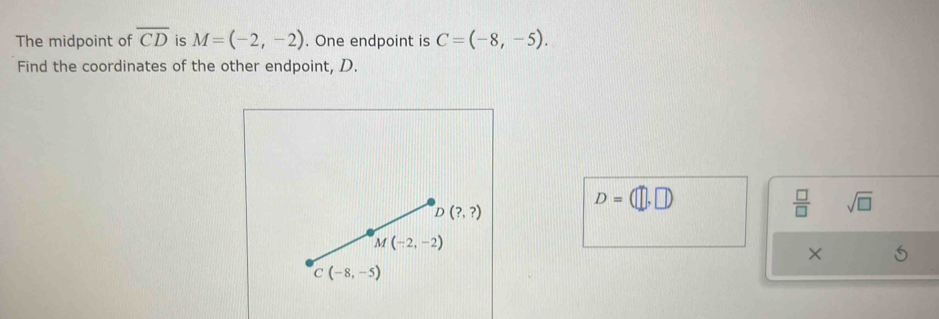 The midpoint of overline CD is M=(-2,-2). One endpoint is C=(-8,-5).
Find the coordinates of the other endpoint, D.
D=(□ ,□ )
 □ /□   sqrt(□ )
×