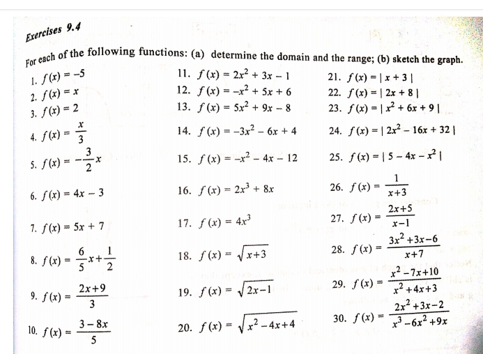 For each of the following functions: (a) determine the domain and the range; (b) sketch the graph
1. f(x)=-5
11.
2. f(x)=x f(x)=2x^2+3x-1 21. f(x)=|x+3|
12. f(x)=-x^2+5x+6 22. f(x)=|2x+8|
3. f(x)=2
13. f(x)=5x^2+9x-8 23. f(x)=|x^2+6x+9|
4. f(x)= x/3 
14. f(x)=-3x^2-6x+4 24. f(x)=|2x^2-16x+32|
5. f(x)=- 3/2 x 15. f(x)=-x^2-4x-12 25. f(x)=|5-4x-x^2|
6. f(x)=4x-3 16. f(x)=2x^3+8x 26. f(x)= 1/x+3 
27.
7. f(x)=5x+7 17. f(x)=4x^3 f(x)= (2x+5)/x-1 
8. f(x)= 6/5 x+ 1/2  18. f(x)=sqrt(x+3) 28. f(x)= (3x^2+3x-6)/x+7 
9. f(x)= (2x+9)/3  19. f(x)=sqrt(2x-1) 29. f(x)= (x^2-7x+10)/x^2+4x+3 
10. f(x)= (3-8x)/5  20. f(x)=sqrt(x^2-4x+4) 30. f(x)= (2x^2+3x-2)/x^3-6x^2+9x 