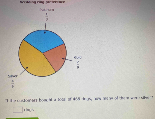 Wedding ring preference
 4/9 
If the customers bought a total of 468 rings, how many of them were silver?
rings