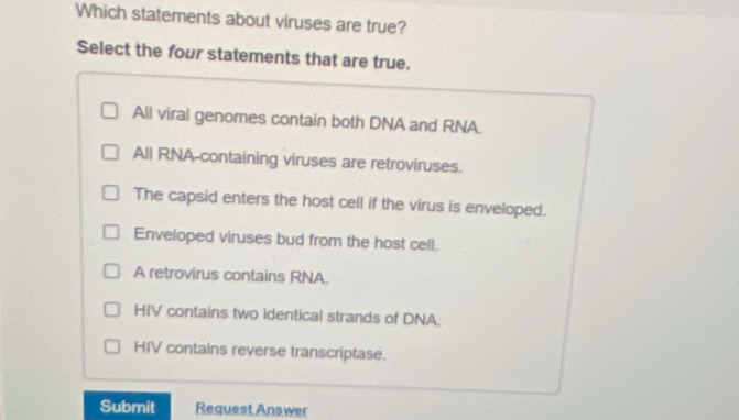 Which statements about viruses are true?
Select the four statements that are true.
All viral genomes contain both DNA and RNA.
All RNA-containing viruses are retroviruses.
The capsid enters the host cell if the virus is enveloped.
Enveloped viruses bud from the host cell.
A retrovirus contains RNA.
HIV contains two identical strands of DNA.
HIV contains reverse transcriptase.
Submit Request Answer