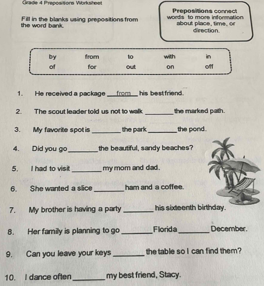 Solved: Grade 4 Prepositions Worksheet Prepositions connect Fill in the ...