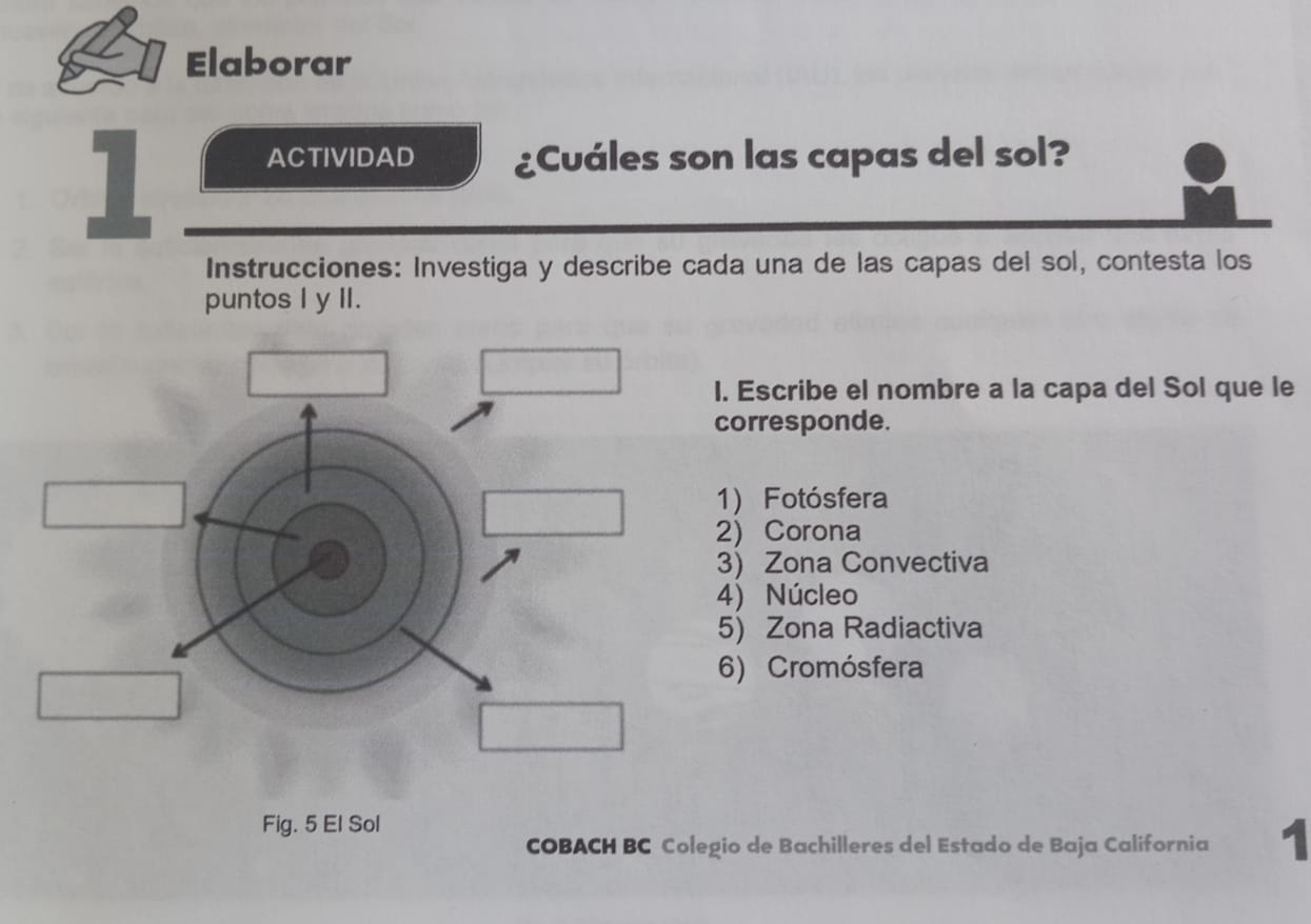 Elaborar 
1 
ACTIVIDAD ¿Cuáles son las capas del sol? 
Instrucciones: Investiga y describe cada una de las capas del sol, contesta los 
puntos I y II. 
I. Escribe el nombre a la capa del Sol que le 
corresponde. 
1) Fotósfera 
2)Corona 
3) Zona Convectiva 
4) Núcleo 
5) Zona Radiactiva 
6) Cromósfera 
Fig. 5 El Sol 
COBACH BC Colegio de Bachilleres del Estado de Baja California 1