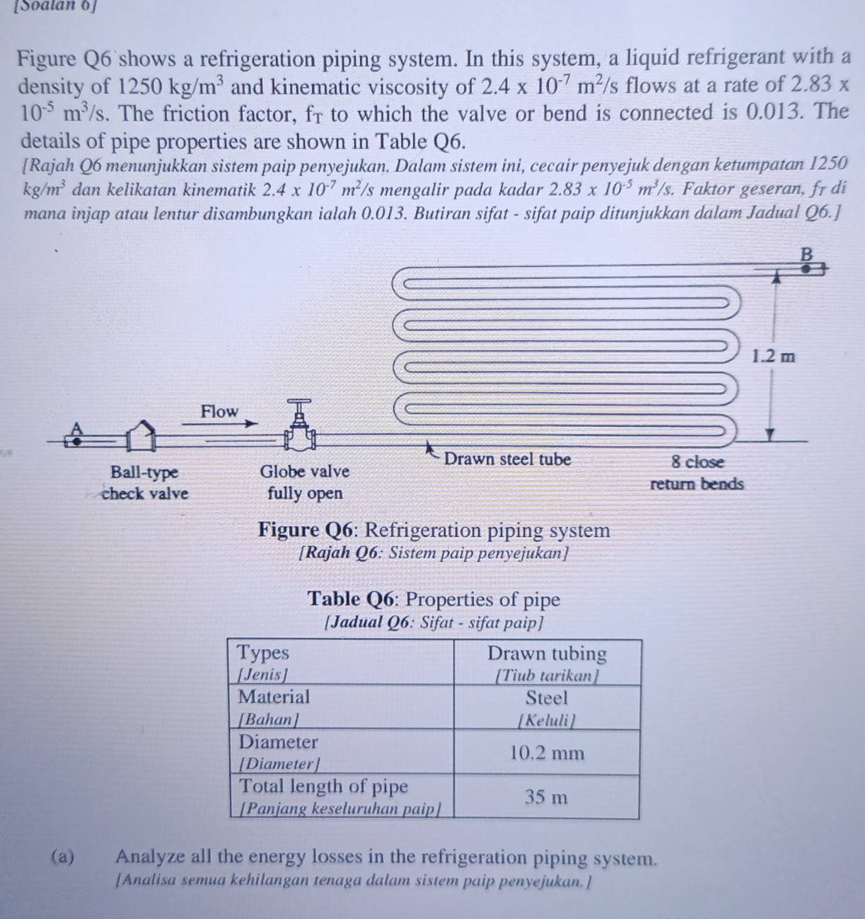 [Soalan 6] 
Figure Q6`shows a refrigeration piping system. In this system, a liquid refrigerant with a 
density of 1250kg/m^3 and kinematic viscosity of 2.4* 10^(-7)m^2/s flows at a rate of 2.83 x
10^(-5)m^3/s. The friction factor, fr to which the valve or bend is connected is 0.013. The 
details of pipe properties are shown in Table Q6. 
[Rajah Q6 menunjukkan sistem paip penyejukan. Dalam sistem ini, cecair penyejuk dengan ketumpatan 1250
kg/m^3 dan kelikatan kinematik 2.4* 10^(-7)m^2 /s mengalir pada kadar 2.83* 10^(-5)m^3/s. Faktor geseran, fr di 
mana injap atau lentur disambungkan ialah 0.013. Butiran sifat - sifat paip ditunjukkan dalam Jadual Q6.] 
B
1.2 m
Flow 
Drawn steel tube 8 close 
Ball-type Globe valve 
check valve fully open 
return bends 
Figure Q6: Refrigeration piping system 
[Rajah Q6: Sistem paip penyejukan] 
Table Q6: Properties of pipe 
[Jadual Q6: Sifat - sifat paip] 
(a) Analyze all the energy losses in the refrigeration piping system. 
[Analisa semua kehilangan tenaga dalam sistem paip penyejukan.]