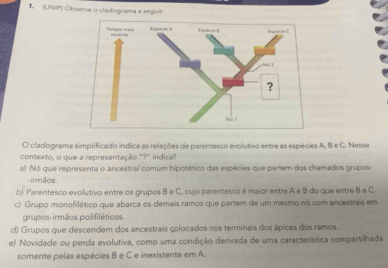 (UNIP) Observe o cladograma a seguir:
O cladograma simplificado indica as relações de parentesco evolutivo entre as espécies A, B e C. Nesse
contexto, o que a representação "?" indica?
a) Nó que representa o ancestral comum hipotético das espécies que partem dos chamados grupos-
-irmãos
b) Parentesco evolutivo entre os grupos B e C, cujo parentesco é maior entre A e B do que entre B e C.
c) Grupo monofilético que abarca os demais ramos que partem de um mesmo nó com ancestrais em
grupos-irmãos polifiléticos.
d) Grupos que descendem dos ancestrais çolocados nos terminais dos ápices dos ramos.
e) Novidade ou perda evolutiva, como uma condição derivada de uma característica compartilhada
somente pelas espécies B e C e inexistente em A.