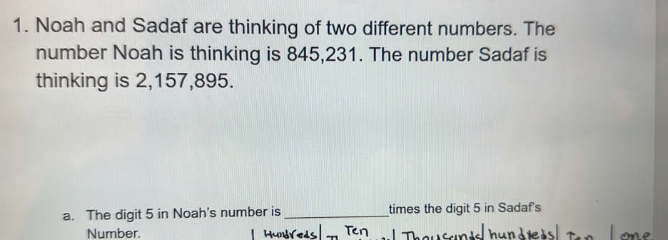 Noah and Sadaf are thinking of two different numbers. The 
number Noah is thinking is 845,231. The number Sadaf is 
thinking is 2, 157, 895. 
a. The digit 5 in Noah's number is _times the digit 5 in Sadaf's 
Number.