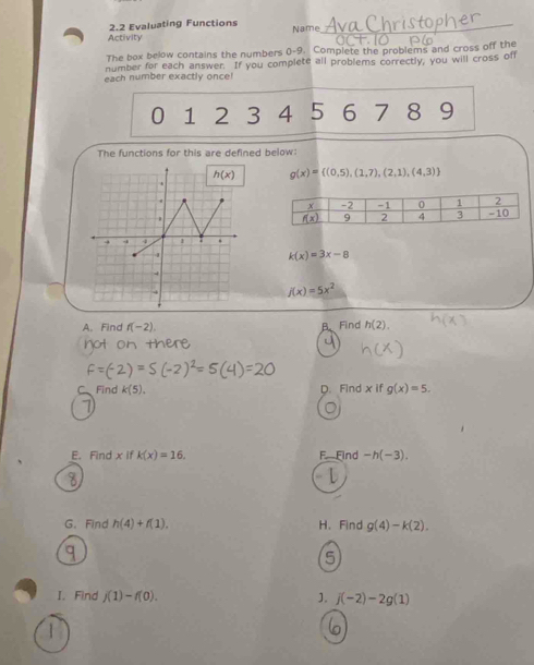 2.2 Evaluating Functions_
Activity Name
The box below contains the numbers 0-9. Complete the problems and cross off the
number for each answer. If you complete all problems correctly, you will cross off
each number exactly once!
0 1 2 3 4 5 6 7 8 9
The functions for this are defined below:
g(x)= (0,5),(1,7),(2,1),(4,3)
k(x)=3x-8
f(x)=5x^2
A. Find f(-2). B.Find h(2).
ind 5)、 D. Find x if g(x)=5.
E. Find x if k(x)=16. F Find -h(-3).
G.Find h(4)+f(1). H、Find g(4)-k(2).
I. Find j(1)-f(0). ]. j(-2)-2g(1)