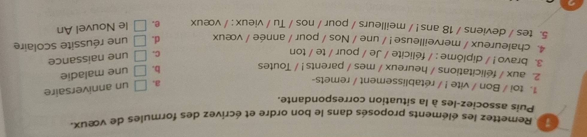 Remettez les éléments proposés dans le bon ordre et écrivez des formules de vœux.
Puis associez-les à la situation correspondante.
1 toi / Bon / vite ! / rétablissement / remets-
a. □ un anniversaire
2. aux / félicitations / heureux / mes / parents ! / Toutes
b. □ une maladie
3. bravo ! / diplôme : / félicite / Je / pour / te / ton
C. □ une naissance
4 chaleureux / merveilleuse ! / une / Nos / pour / année / vœux
d. □ une réussite scolaire
5. tes / deviens / 18 ans ! / meilleurs / pour / nos / Tu / vieux : / vœux e. □ le Nouvel An
