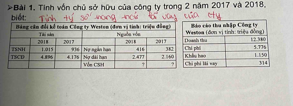 >Bài 1. Tính vốn chủ sở hữu của công ty trong 2 năm 2017 và 2018, 
biết: