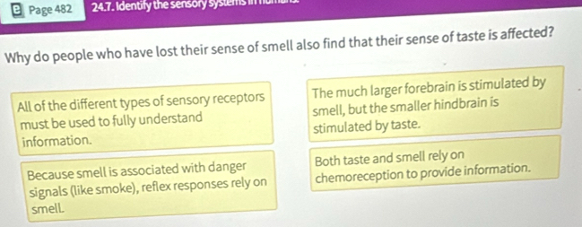 Page 482 24.7. Identify the sensory systems in num
Why do people who have lost their sense of smell also find that their sense of taste is affected?
All of the different types of sensory receptors The much larger forebrain is stimulated by
must be used to fully understand smell, but the smaller hindbrain is
information. stimulated by taste.
Because smell is associated with danger Both taste and smell rely on
signals (like smoke), reflex responses rely on chemoreception to provide information.
smell.