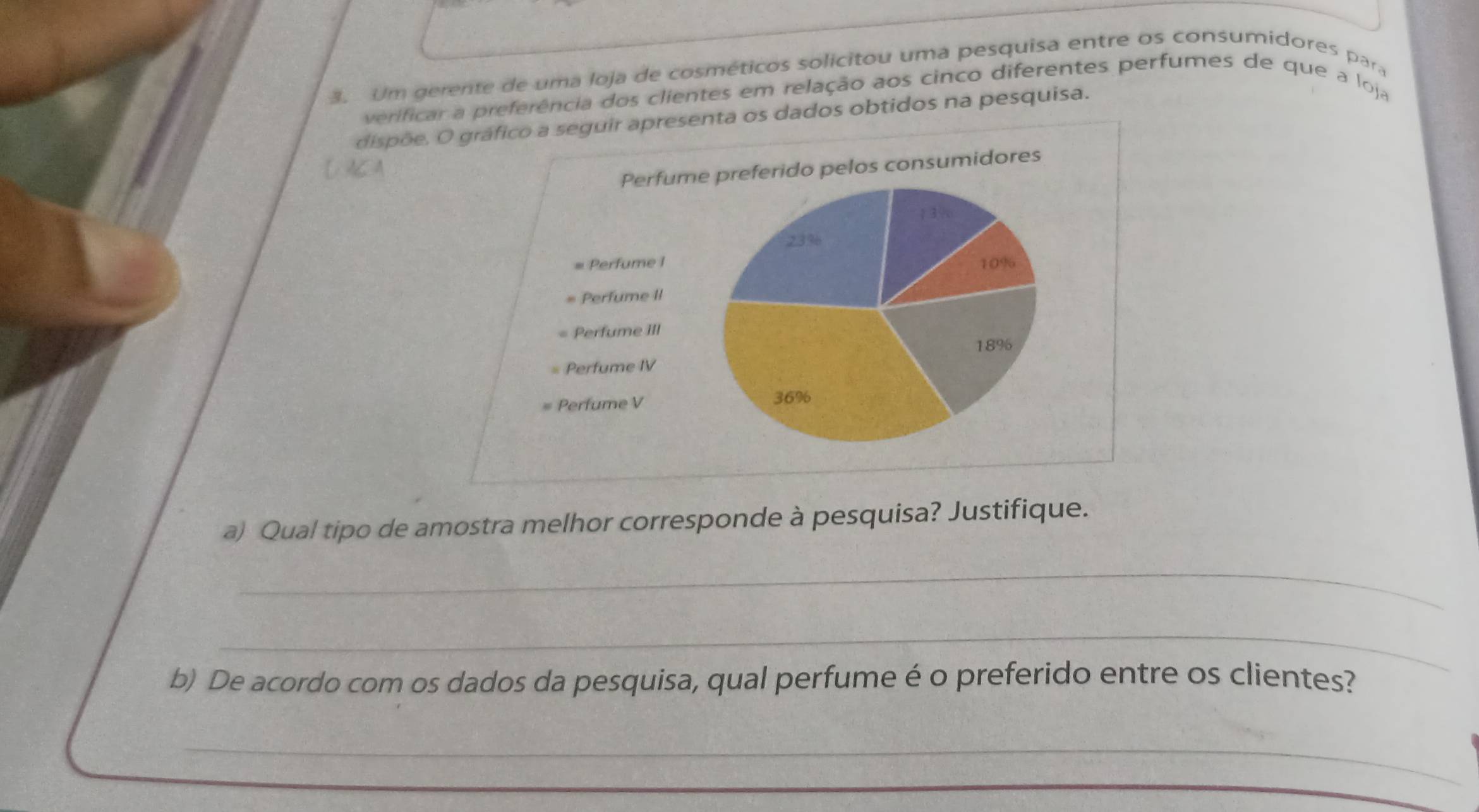 Um gerente de uma loja de cosméticos solicitou uma pesquisa entre os consumidores para 
verificar a preferência dos clientes em relação aos cinco diferentes perfumes de que a loja 
dispõe. O greguir apresenta os dados obtidos na pesquisa. 
[ ACA 
a) Qual tipo de amostra melhor corresponde à pesquisa? Justifique. 
_ 
_ 
b) De acordo com os dados da pesquisa, qual perfume é o preferido entre os clientes? 
_ 
_ 
_