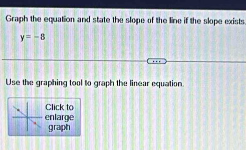 Graph the equation and state the slope of the line if the slope exists.
y=-8
Use the graphing tool to graph the linear equation. 
Click to 
enlarge 
graph