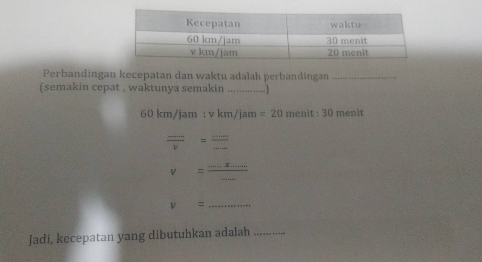 Perbandingan kecepatan dan waktu adalah perbandingan_ 
(semakin cepat , waktunya semakin _-)
60 km/jam : v km/jam =20 menit : 30 menit
frac ......V= ·s /·s  
v= (...x...)/..... 
_ v=
Jadi, kecepatan yang dibutuhkan adalah_