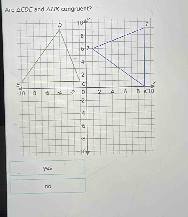 △ CDE and △ IJK
yes
no