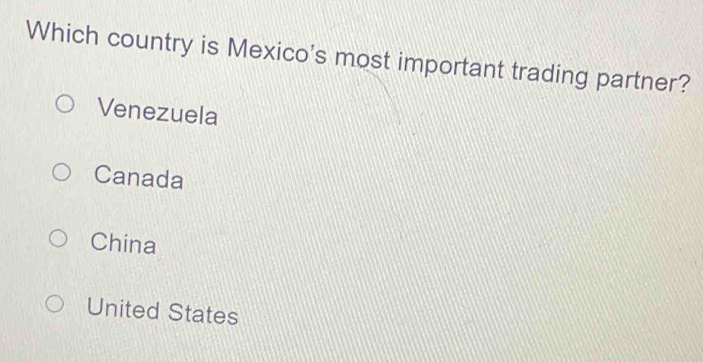 Which country is Mexico's most important trading partner?
Venezuela
Canada
China
United States