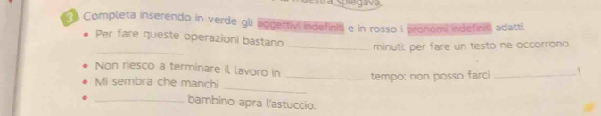 a spiegava 
Completa inserendo in verde gli aggettivi indefiniti e in rosso i pronomi indefinti adatti. 
_ 
Per fare queste operazioni bastano 
_minuti: per fare un testo ne occorrono 
Non riesco a terminare il lavoro in 
_ 
Mi sembra che manchi _tempo; non posso farci_ 
_bambino apra l'astuccio.