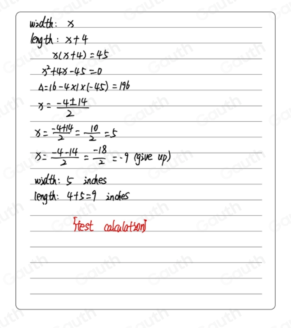 Solved: The width of a rectangle is 4 inches less than its length. The ...