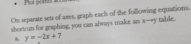 Plot points accun
On separate sets of axes, graph each of the following equations.
shortcuts for graphing, you can always make an x→y table.
a y=-2x+7