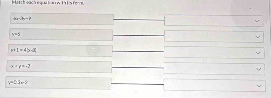 Match each equation with its form.
6x-3y=9
□ ∴ △ ADC=△ CBD □ ,∠
y=6
frac □  _  □ vee
y+1=4(x-8)
□^ _  □° _ 
-x+y=-7
 □ /□   x_10.001 -3, 
overline  □ vee
y=0.3x-2
□  
□ _  □ vee