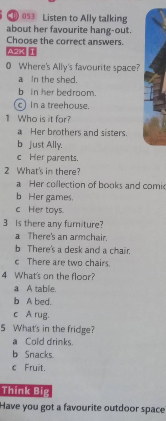 053 Listen to Ally talking
about her favourite hang-out.
Choose the correct answers.
A2K I
0 Where's Ally's favourite space?
a In the shed.
b In her bedroom.
c)In a treehouse.
1 Who is it for?
a Her brothers and sisters.
b Just Ally.
c Her parents.
2 What's in there?
a Her collection of books and comic
b Her games.
c Her toys.
3 Is there any furniture?
a There's an armchair.
b There's a desk and a chair.
c There are two chairs.
4 What's on the floor?
a A table.
b A bed.
c A rug.
5 What's in the fridge?
a Cold drinks.
b Snacks.
c Fruit.
Think Big
Have you got a favourite outdoor space