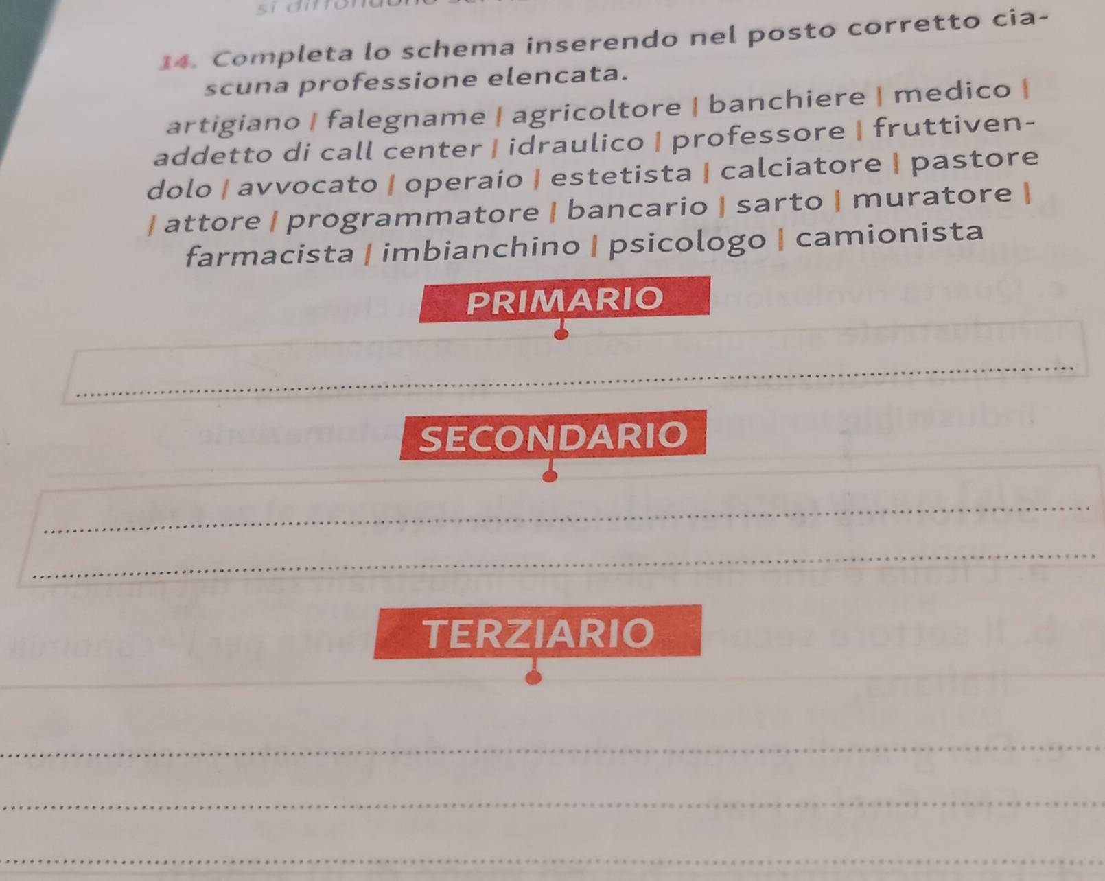 sī dm
14. Completa lo schema inserendo nel posto corretto cia-
scuna professione elencata.
artigiano | falegname | agricoltore | banchiere | medico |
addetto di call center | idraulico | professore | fruttiven-
dolo | avvocato | operaio | estetista | calciatore | pastore
| attore | programmatore | bancario | sarto | muratore |
farmacista | imbianchino | psicologo | camionista
PRIMARIO
SECONDARIO
TERZIARIO